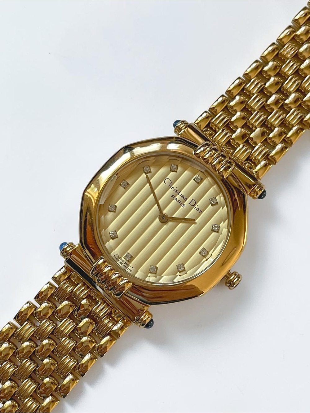 Vintage Christian Dior Octagon Gold Watch with Diamond Hour Marker Dial